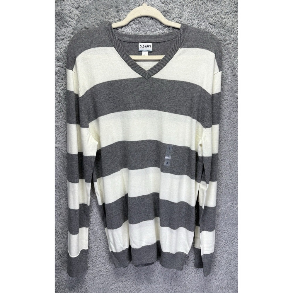 Old Navy Mens Large Gray Striped Cotton V Neck Sweater Rugby Preppy NWT